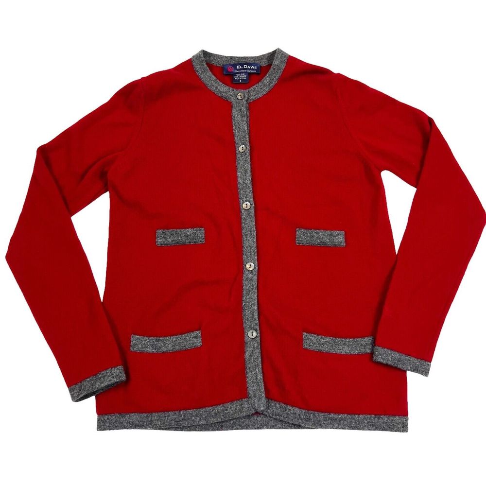 El Daws 2 ply Cashmere Cardigan Sweater Button Front Stacked Pockets Red Gray, S